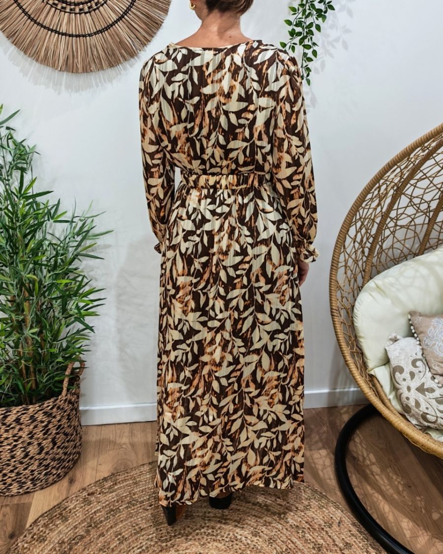 Robe longue femme marron et beige liseré doré Amora