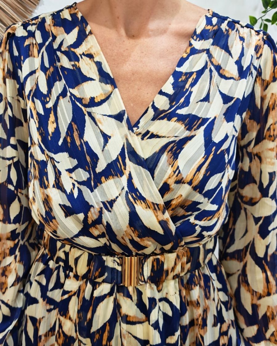 Robe longue femme bleue et beige liseré doré Amora