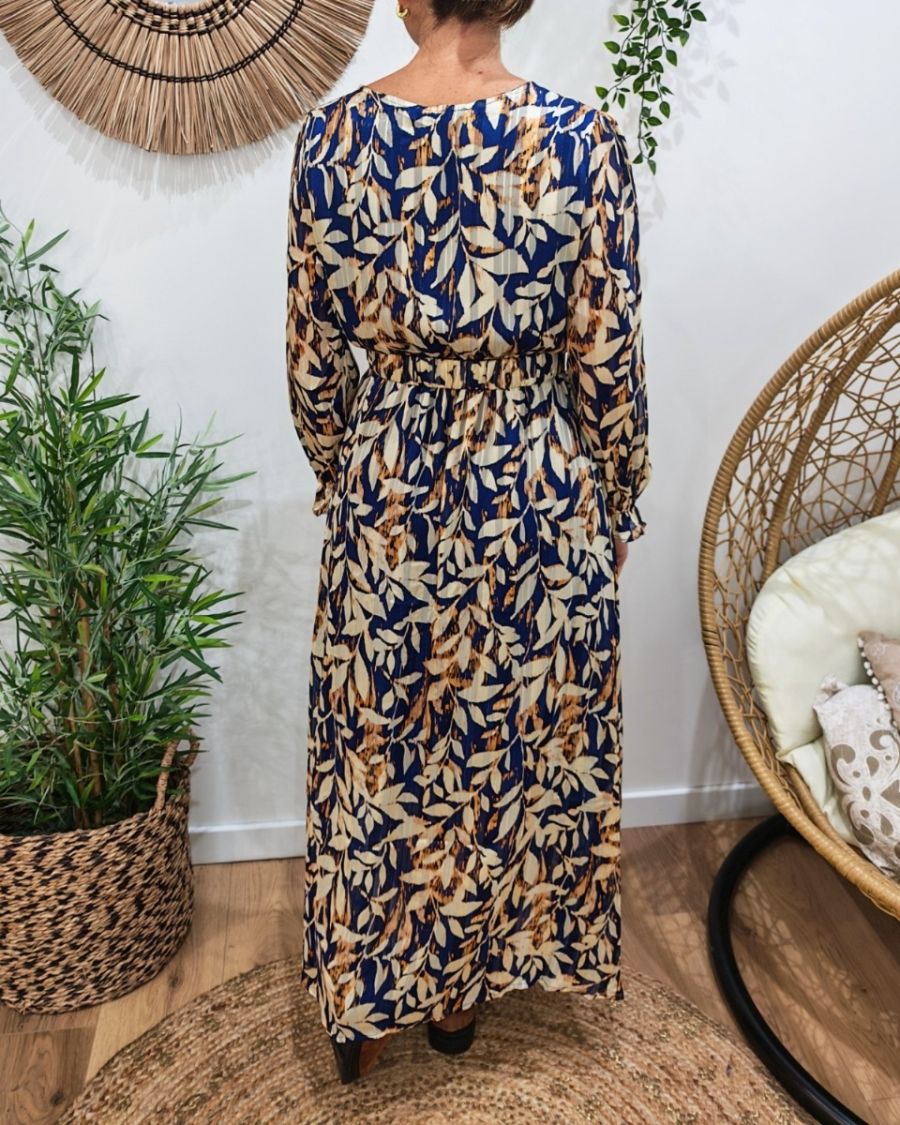 Robe longue femme bleue et beige liseré doré Amora