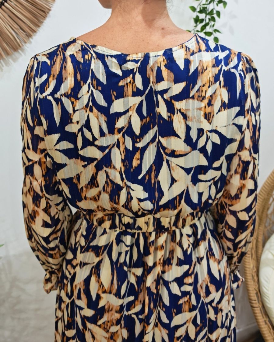Robe longue femme bleue et beige liseré doré Amora