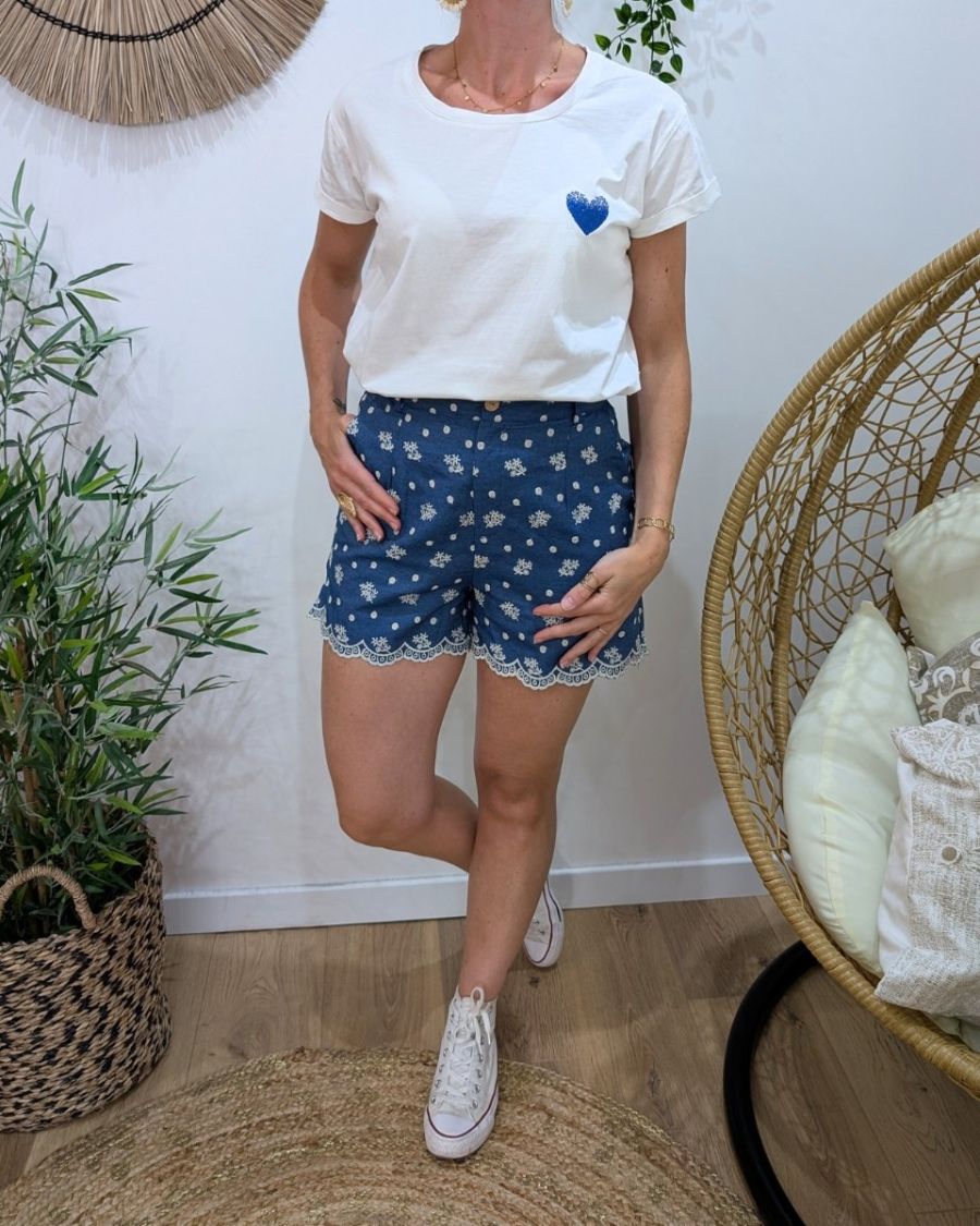 Short en coton femme bleu jeans avec broderies