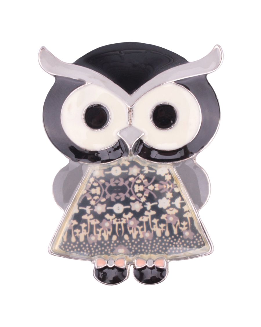 Broche chouette noire robe fleurie