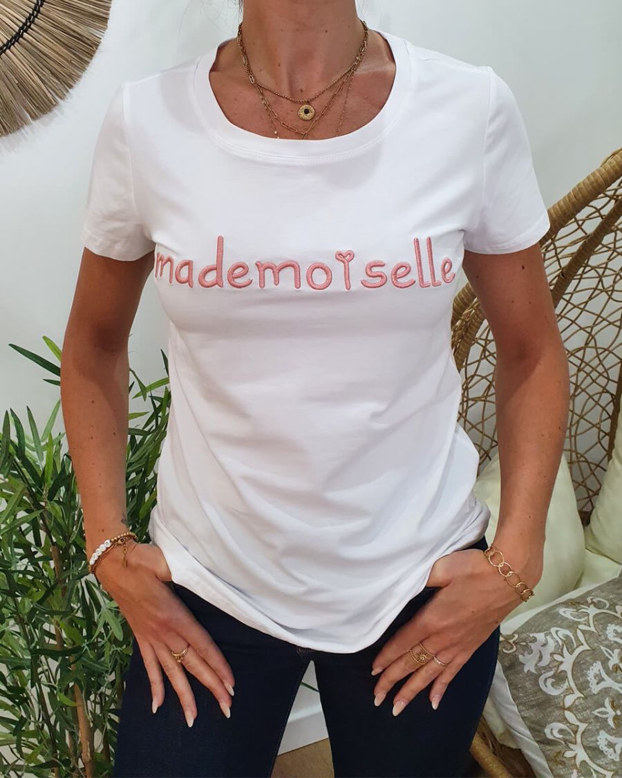 T-Shirt blanc Mademoiselle rose poudré