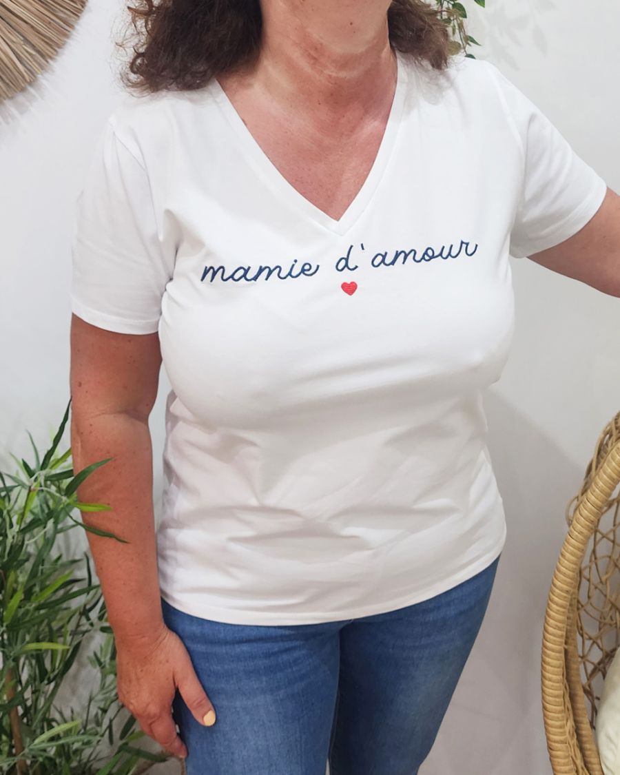 T-Shirt femme blanc Mamie d'amour marine