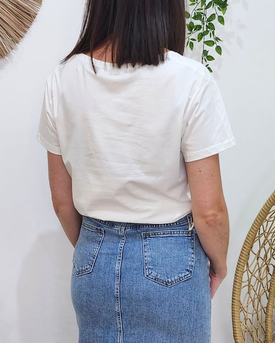 T-Shirt femme blanc broderie smile kaki