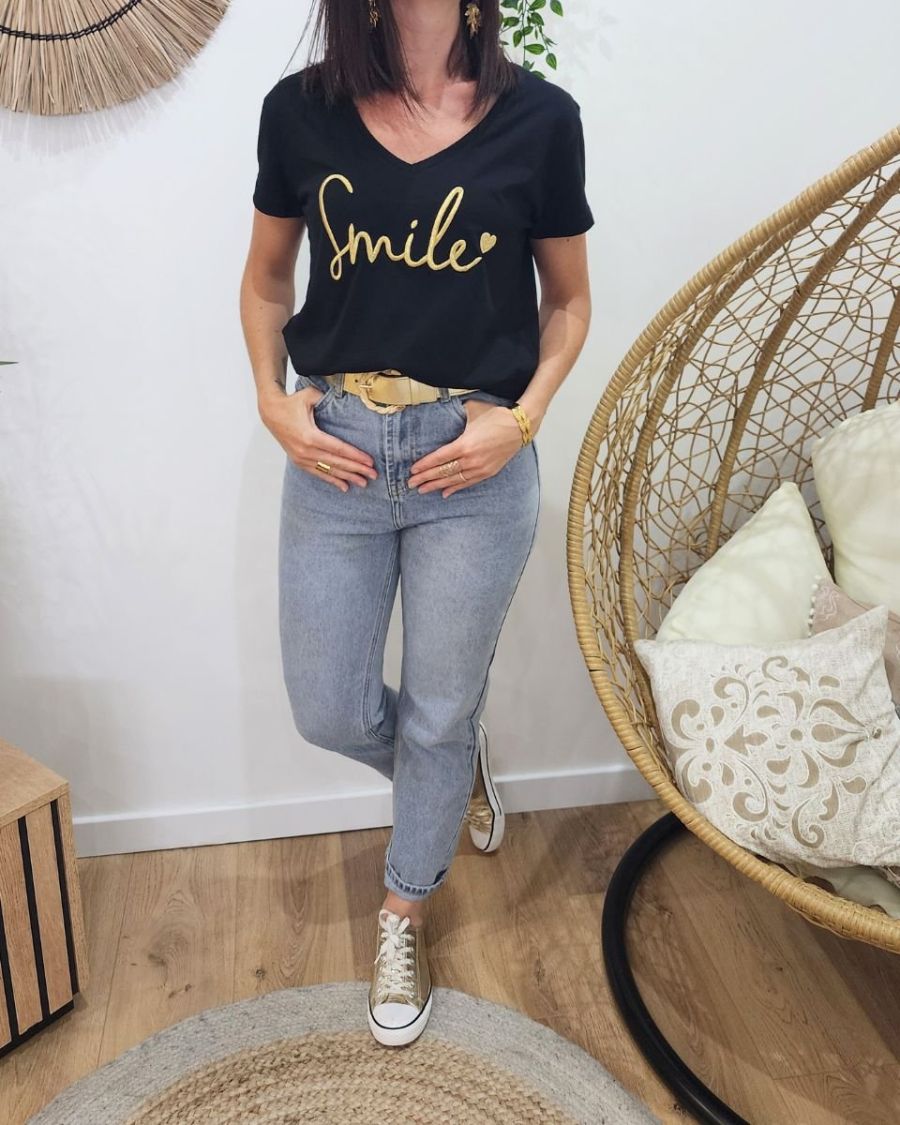 T-Shirt femme noir broderie smile doré