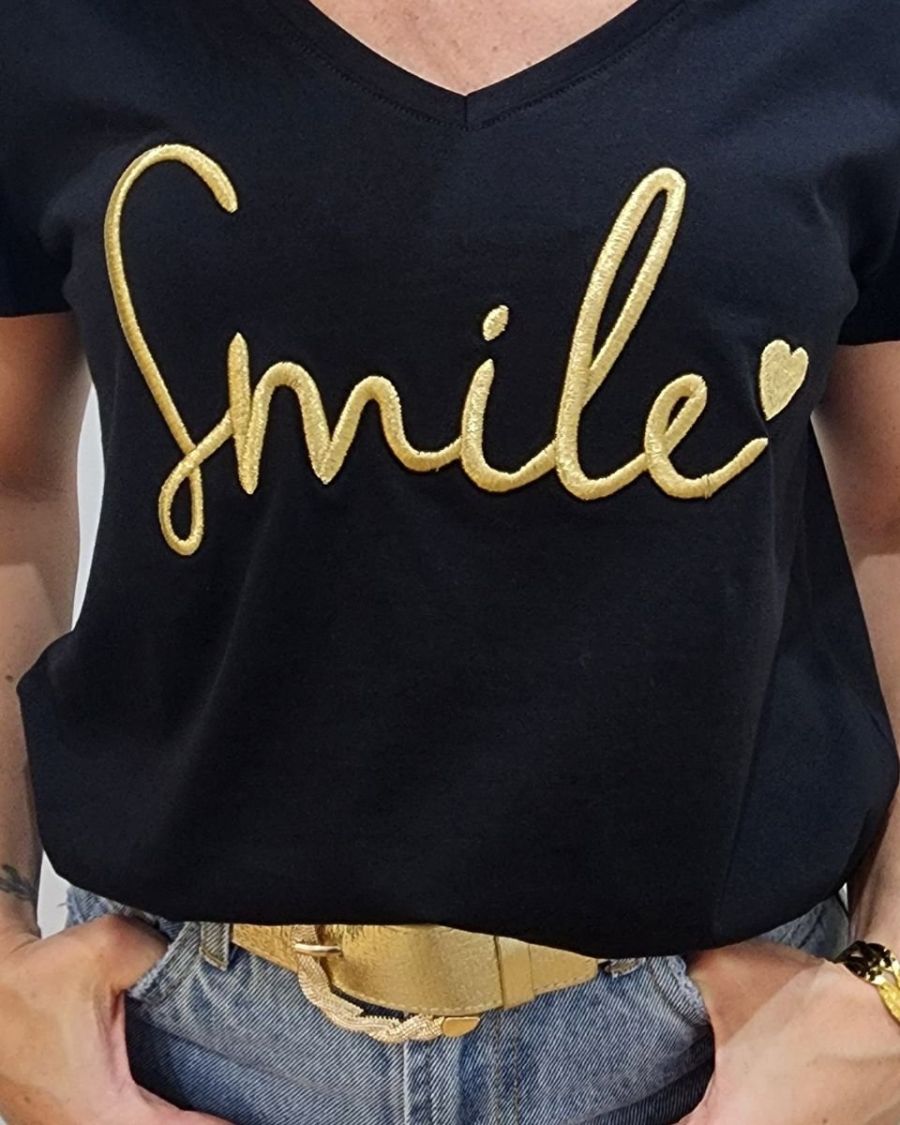T-Shirt femme noir broderie smile doré