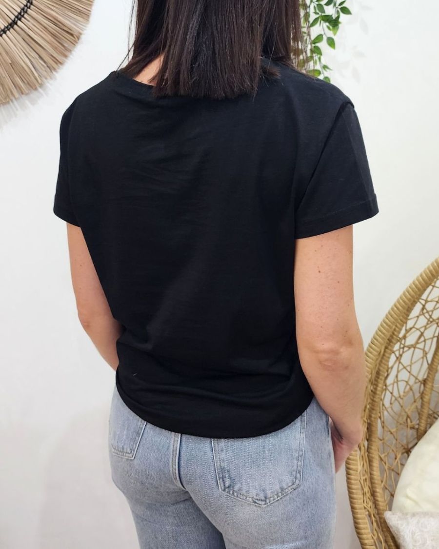 T-Shirt femme noir broderie smile doré