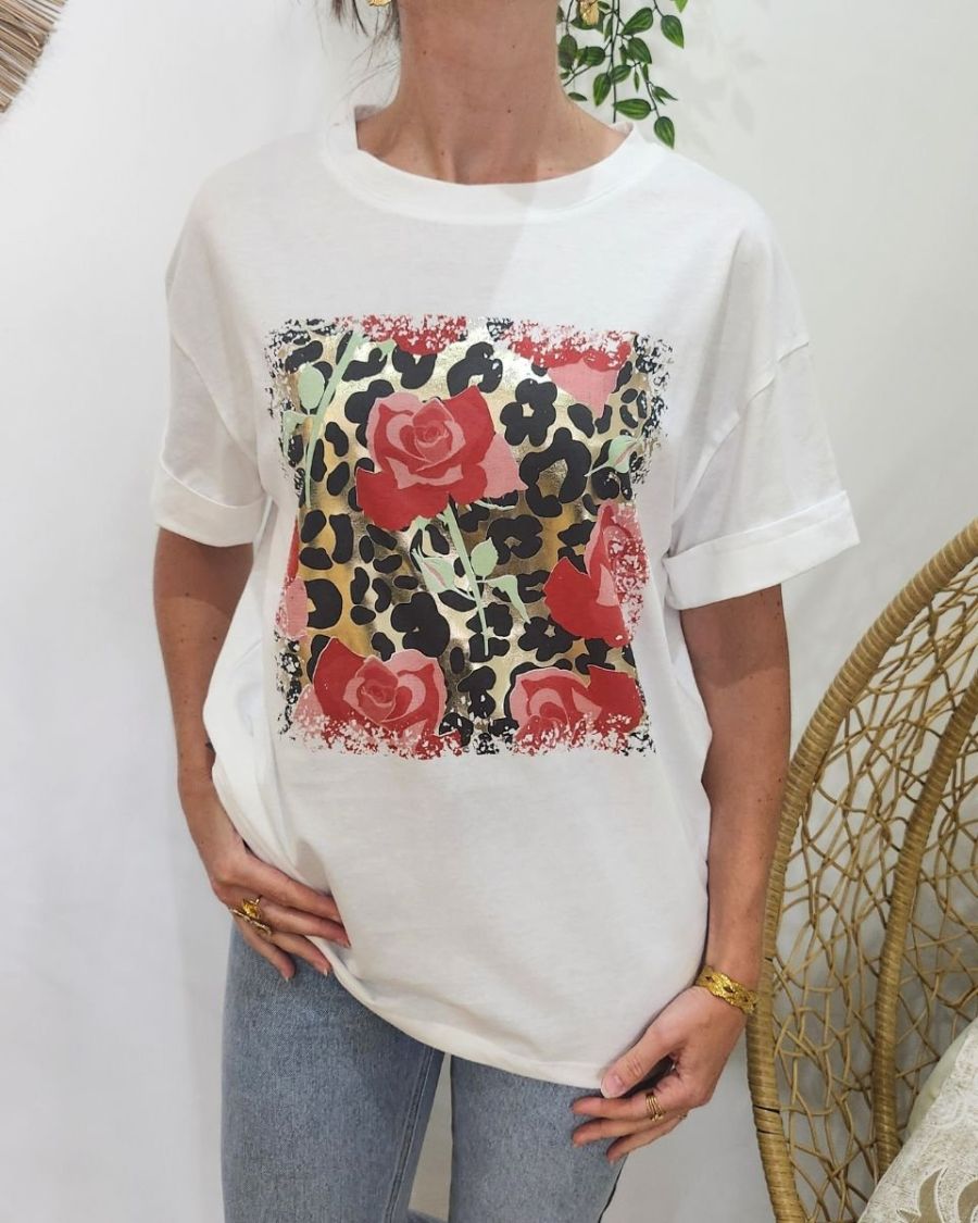 T-shirt femme blanc léopard doré et roses rouges