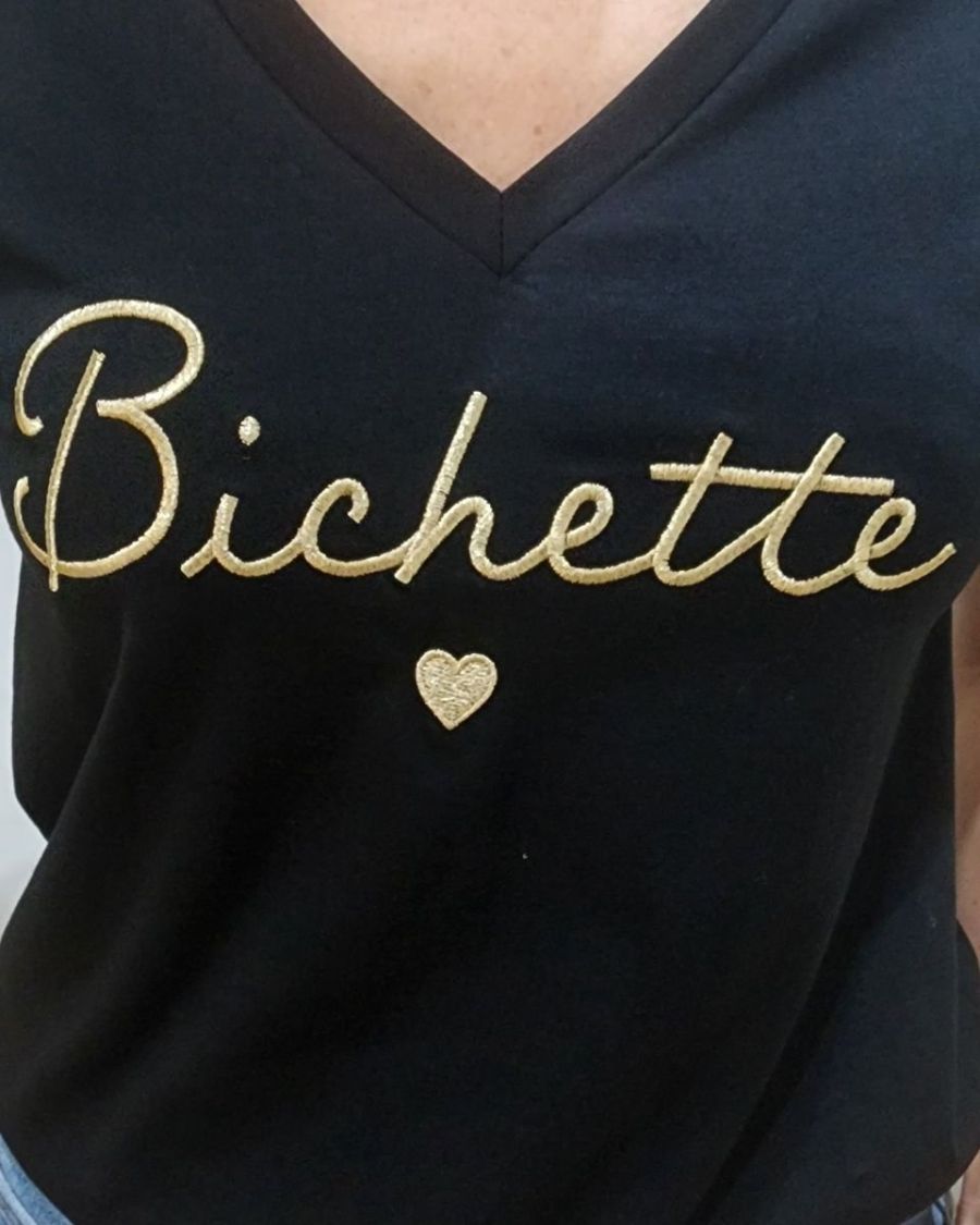 T-Shirt femme noir broderie bichette dorée