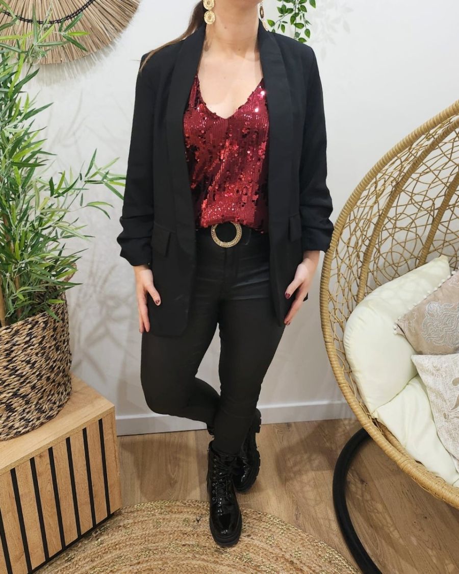 Top femme rouge bordeaux à sequins Cassiane