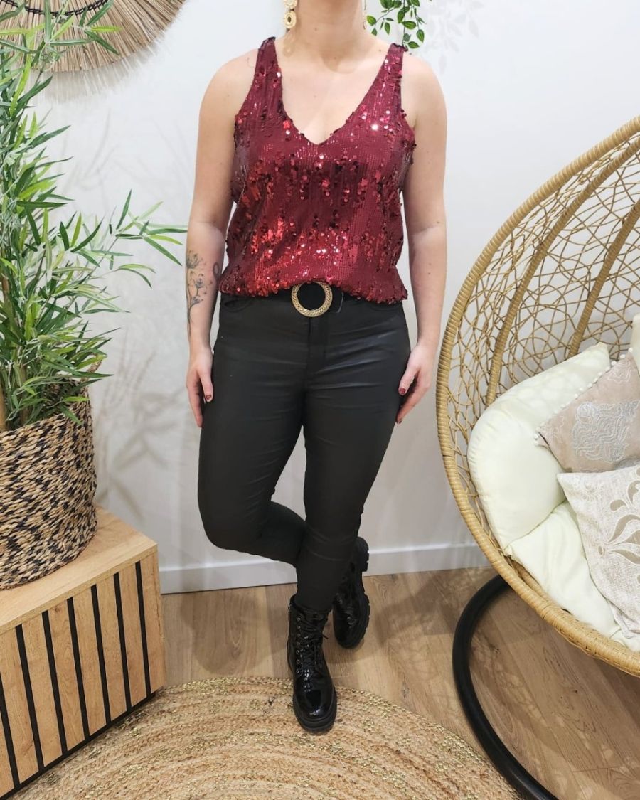 Top femme rouge bordeaux à sequins Cassiane