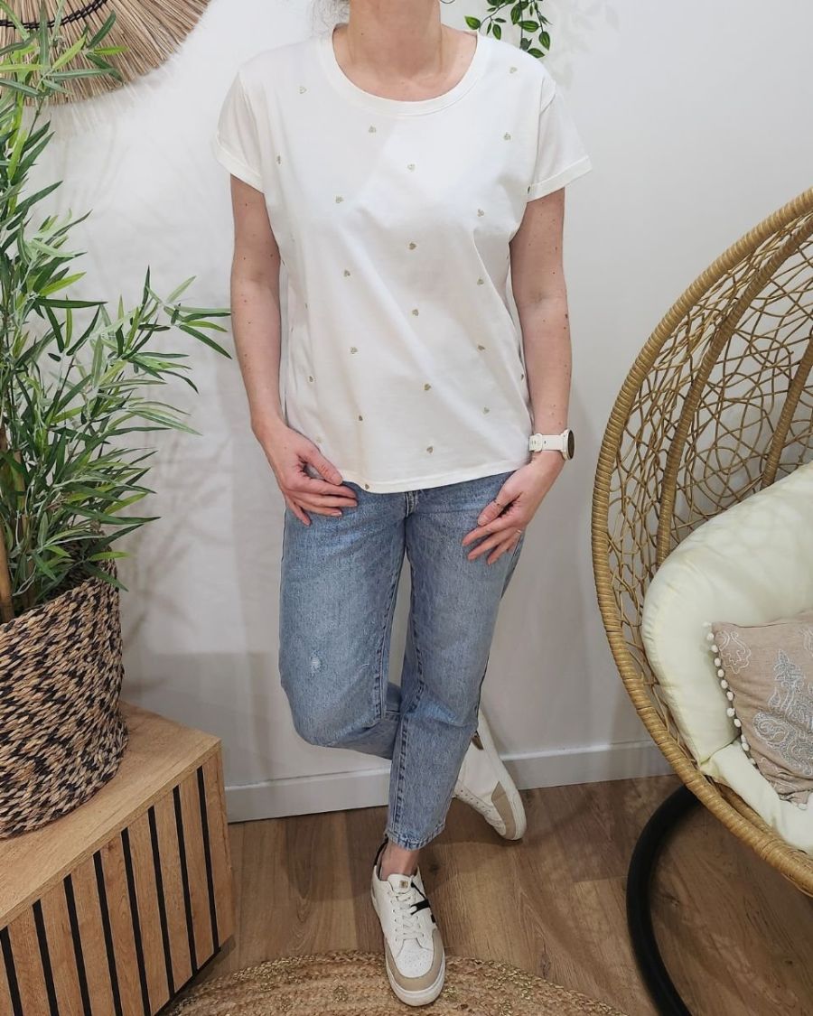 T-Shirt femme blanc coeurs brodés dorés