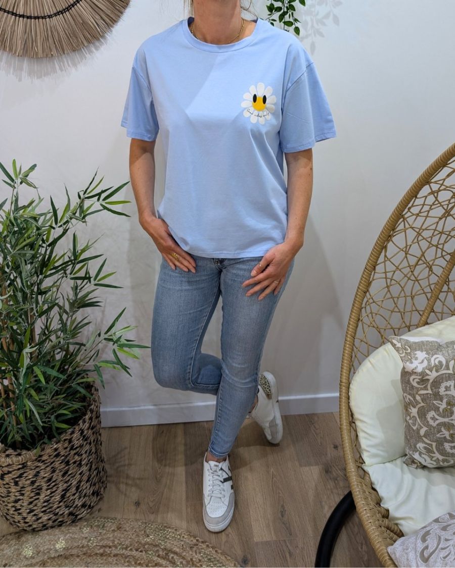 T-Shirt femme bleu ciel fleurs good vibes Only