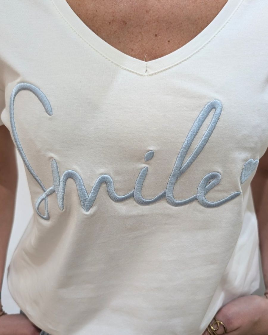 T-Shirt femme blanc broderie smile bleu ciel