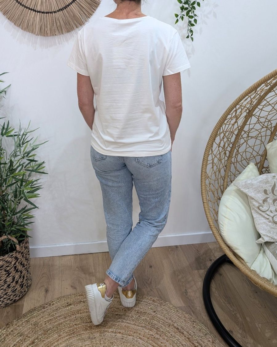 T-Shirt femme blanc broderie smile bleu ciel