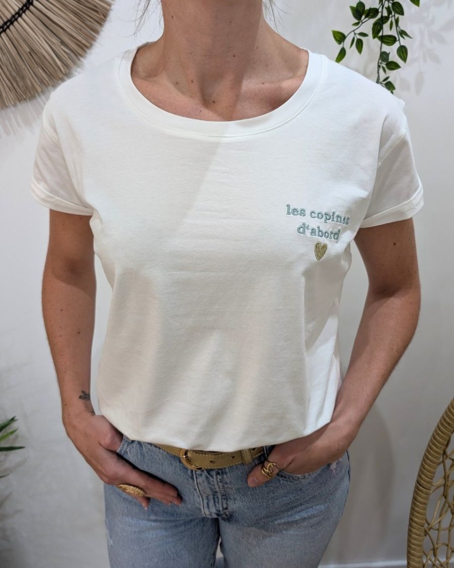 T-Shirt femme blanc broderie les copines d'abord verte