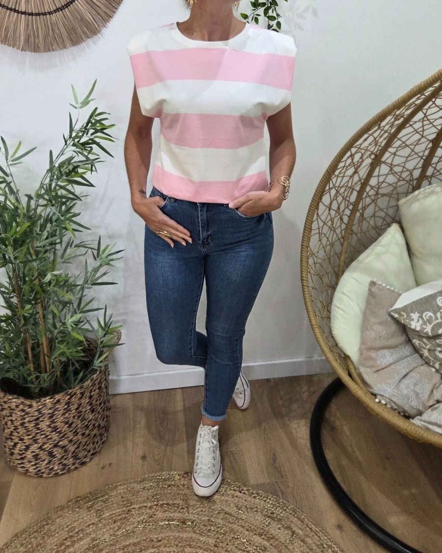 T-Shirt femme épaulette rayé blanc et rose
