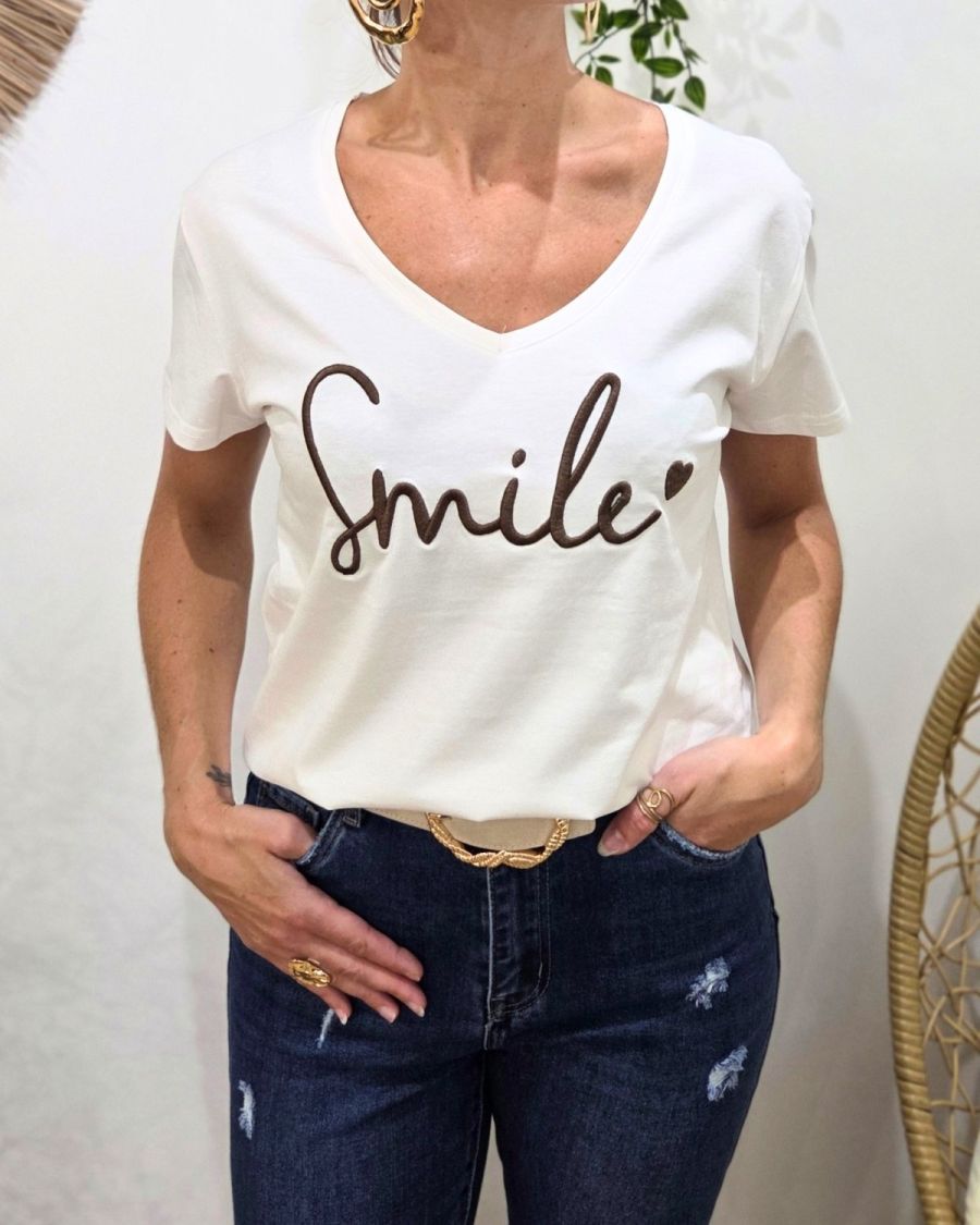T-Shirt femme blanc broderie smile marron