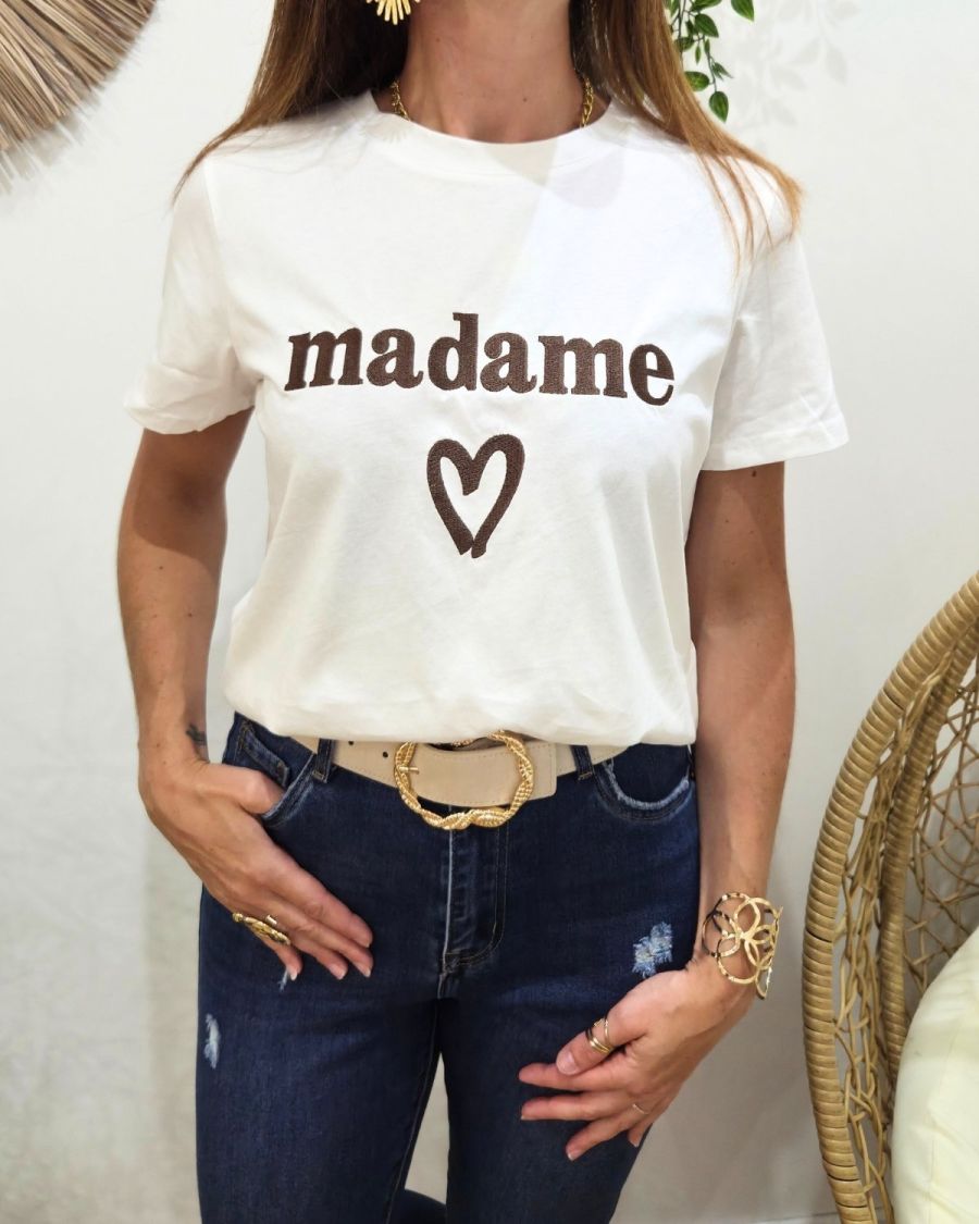 T-Shirt femme blanc broderie madame marron