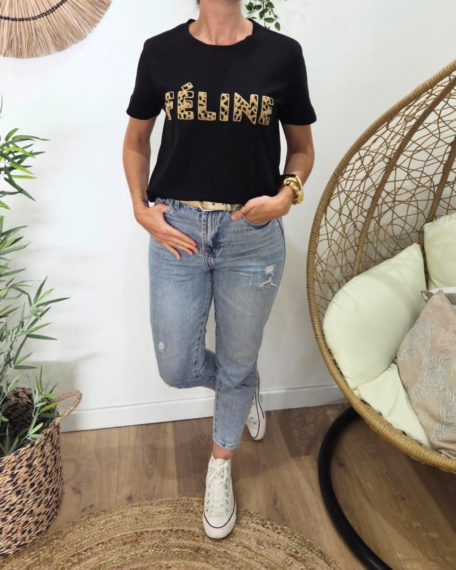 T-Shirt femme noir Féline