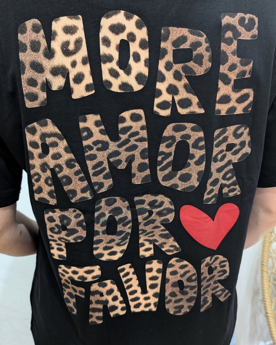 T-shirt femme noir more amor por favor léopard 