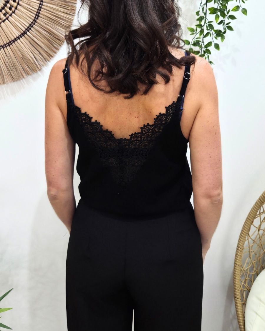 Top femme noir dos V brodé Céleste