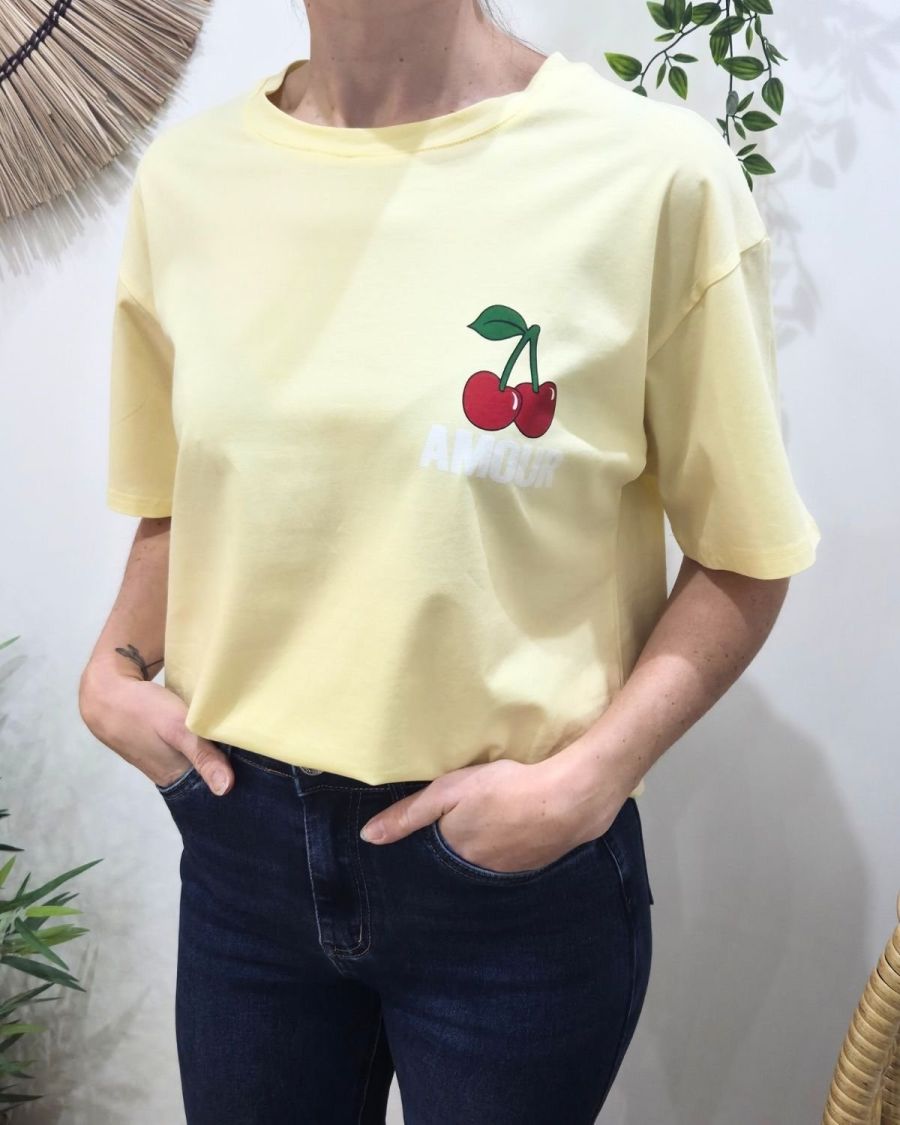 T-Shirt femme jaune AMOUR cerises rose
