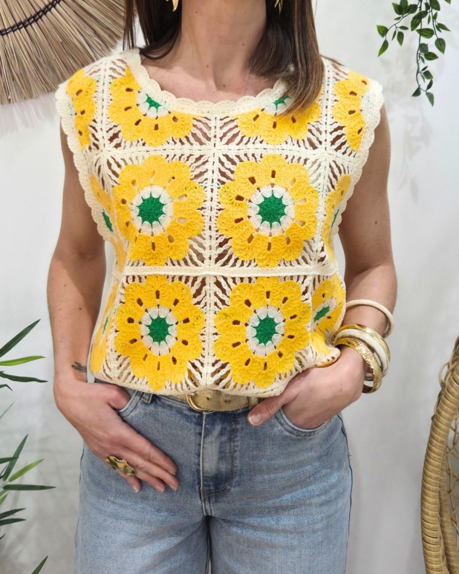 Top femme crochet jaune et vert 