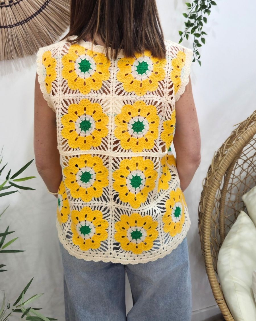 Top femme crochet jaune et vert 