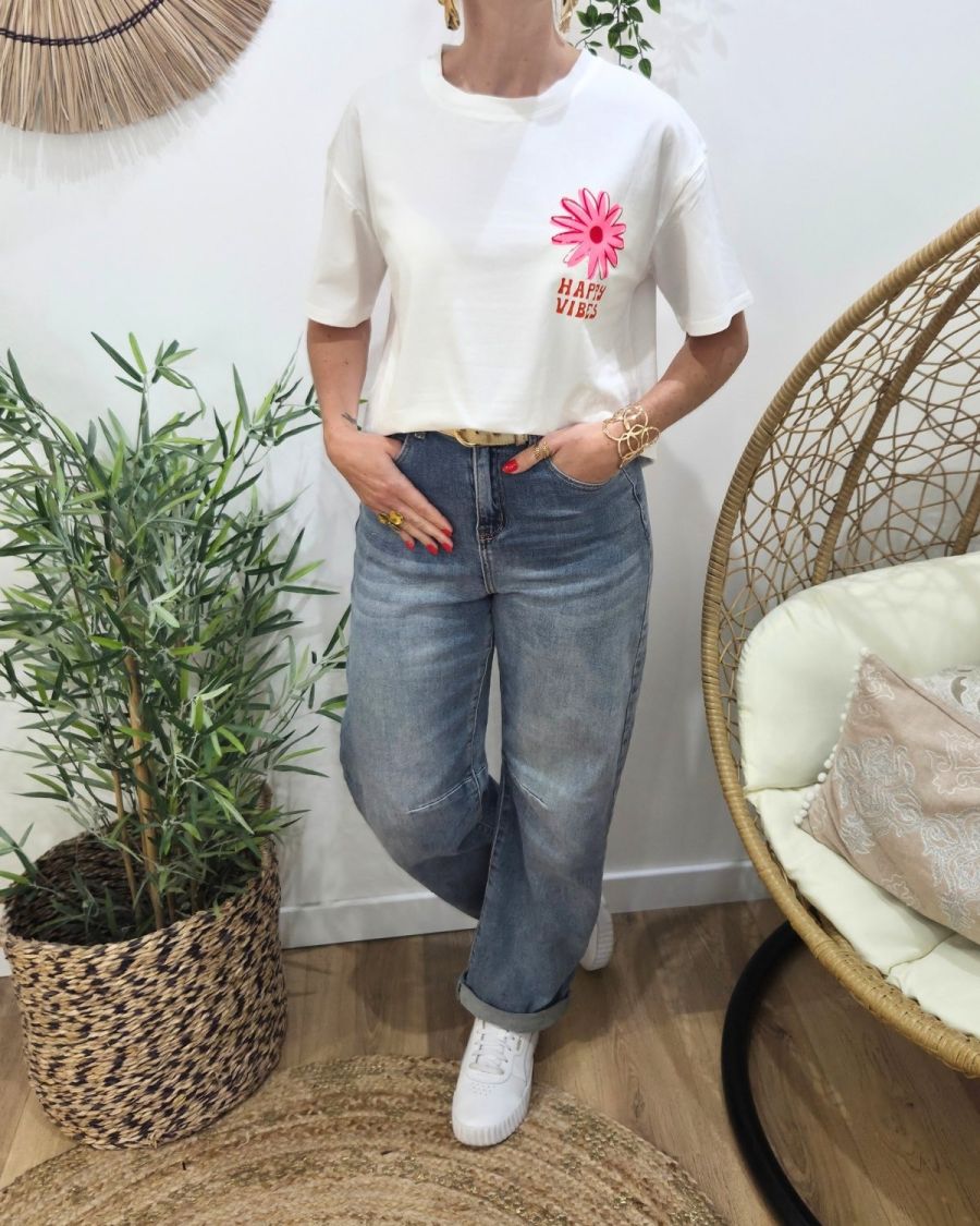 T-Shirt femme blanc fleur Happy Vibes orange et rose fluo