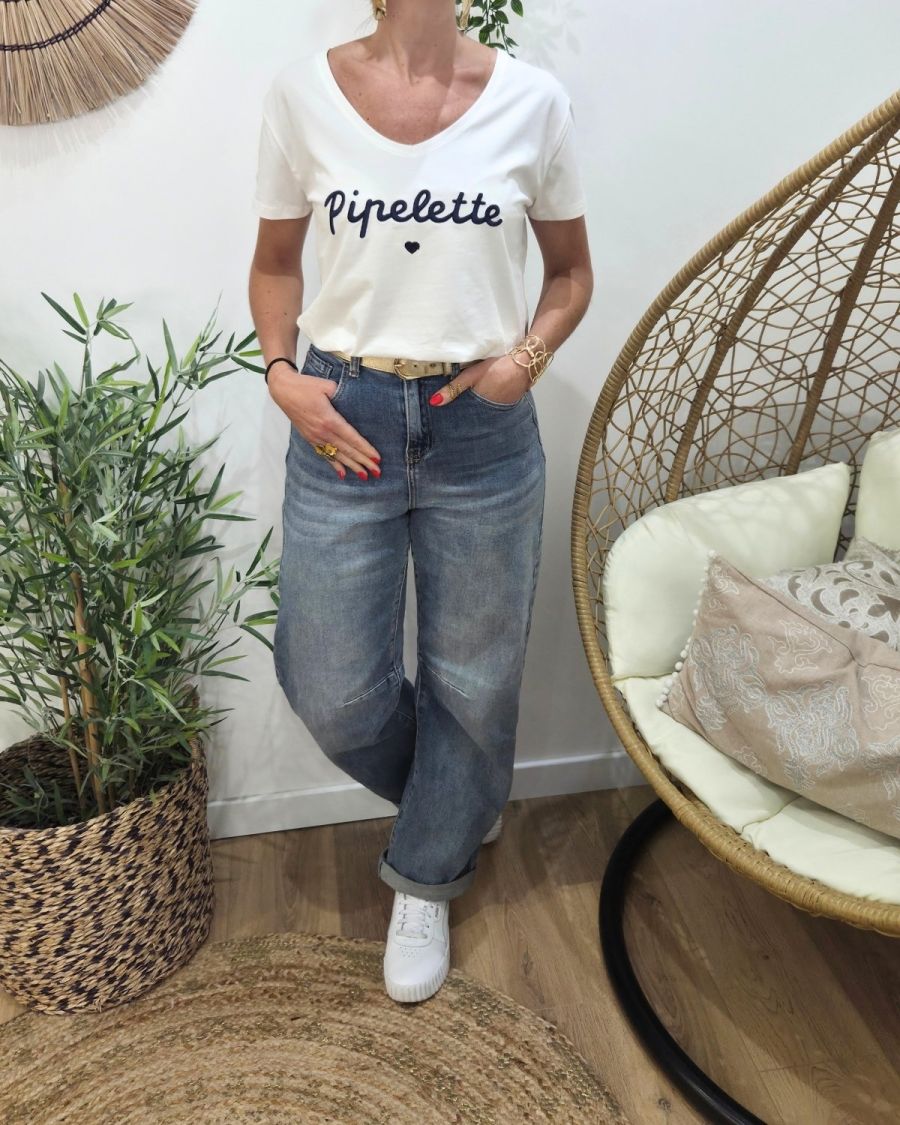 T-Shirt femme blanc broderie pipelette marine