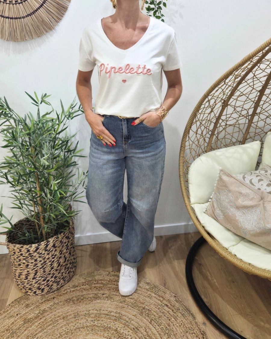 T-Shirt femme blanc broderie pipelette rose poudré
