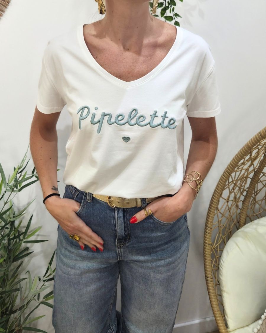 T-Shirt femme blanc broderie pipelette vert agate