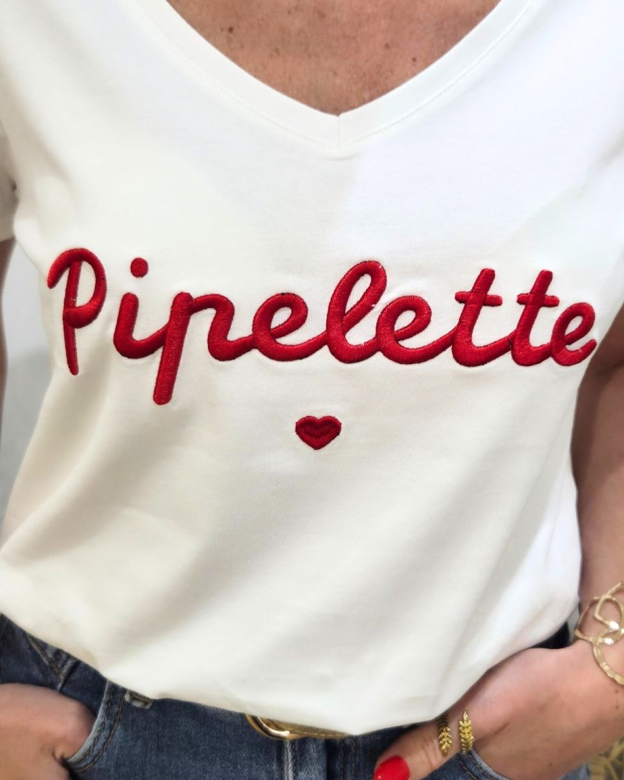 T-Shirt femme blanc broderie pipelette rouge