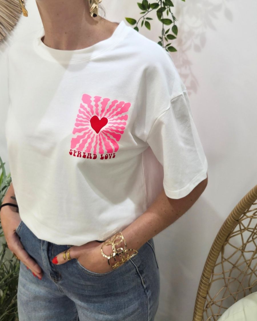 T-Shirt femme blanc Spread love rose et rouge
