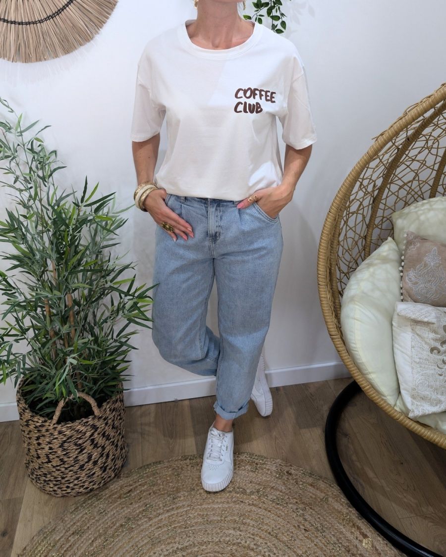 T-shirt femme blanc et marron Coffee Club