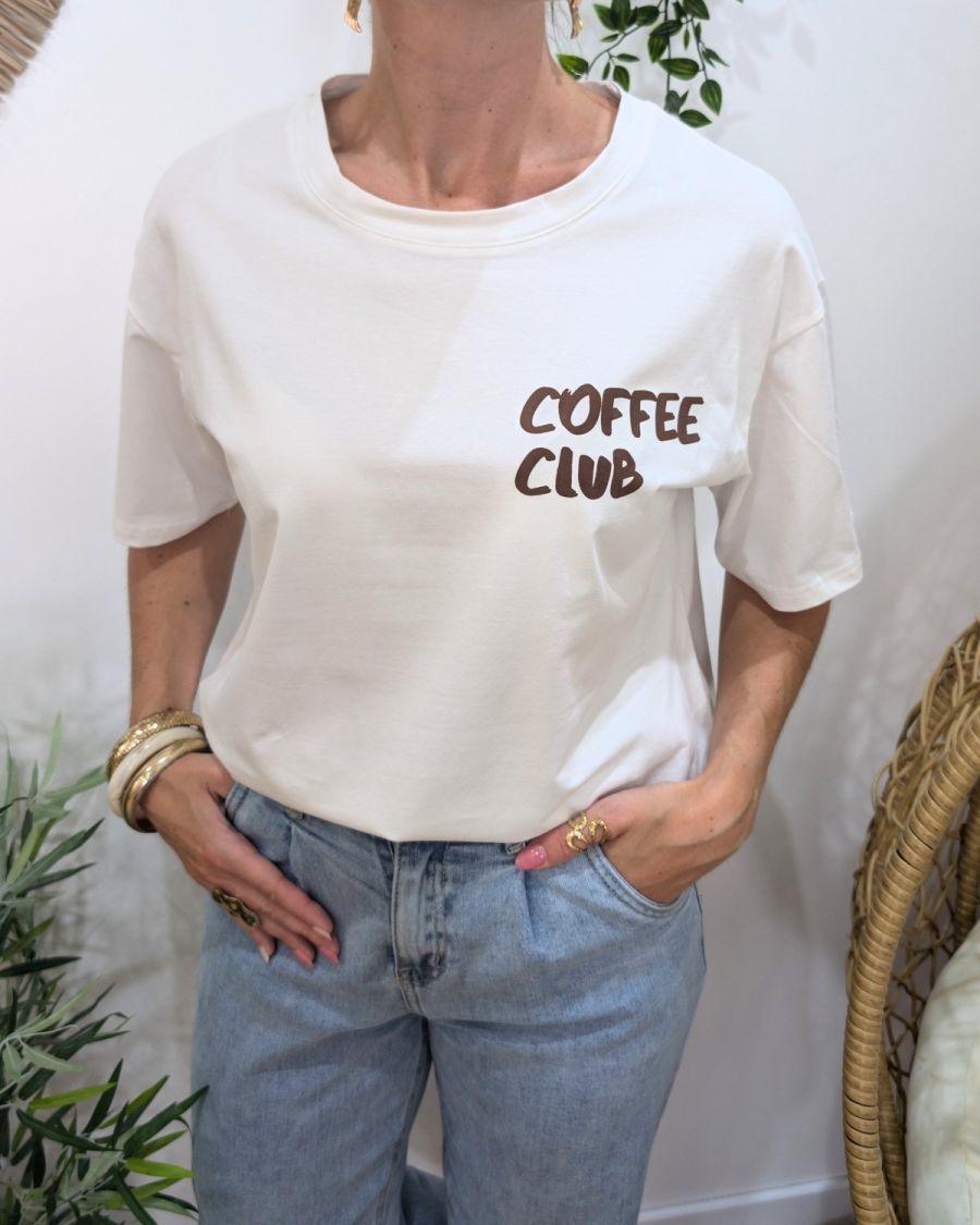 T-shirt femme blanc et marron Coffee Club