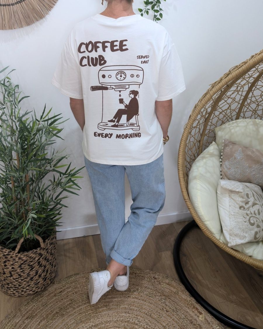 T-shirt femme blanc et marron Coffee Club