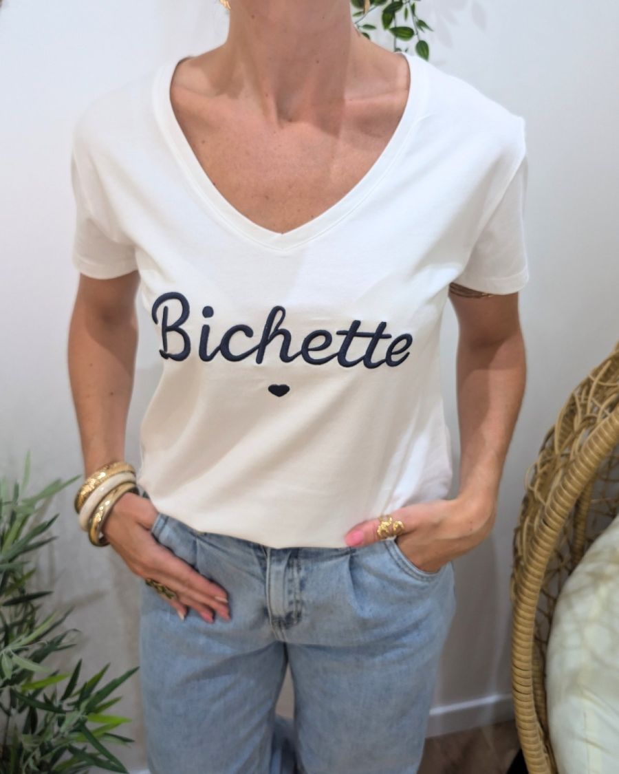 T-Shirt femme blanc broderie bichette marine