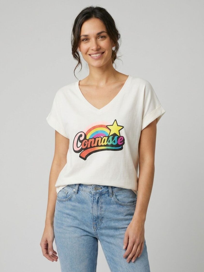 T-shirt femme uni col V Connasse arc en ciel