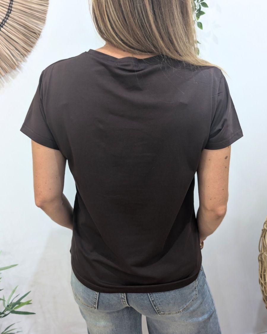 T-Shirt femme marron broderie bichette doré