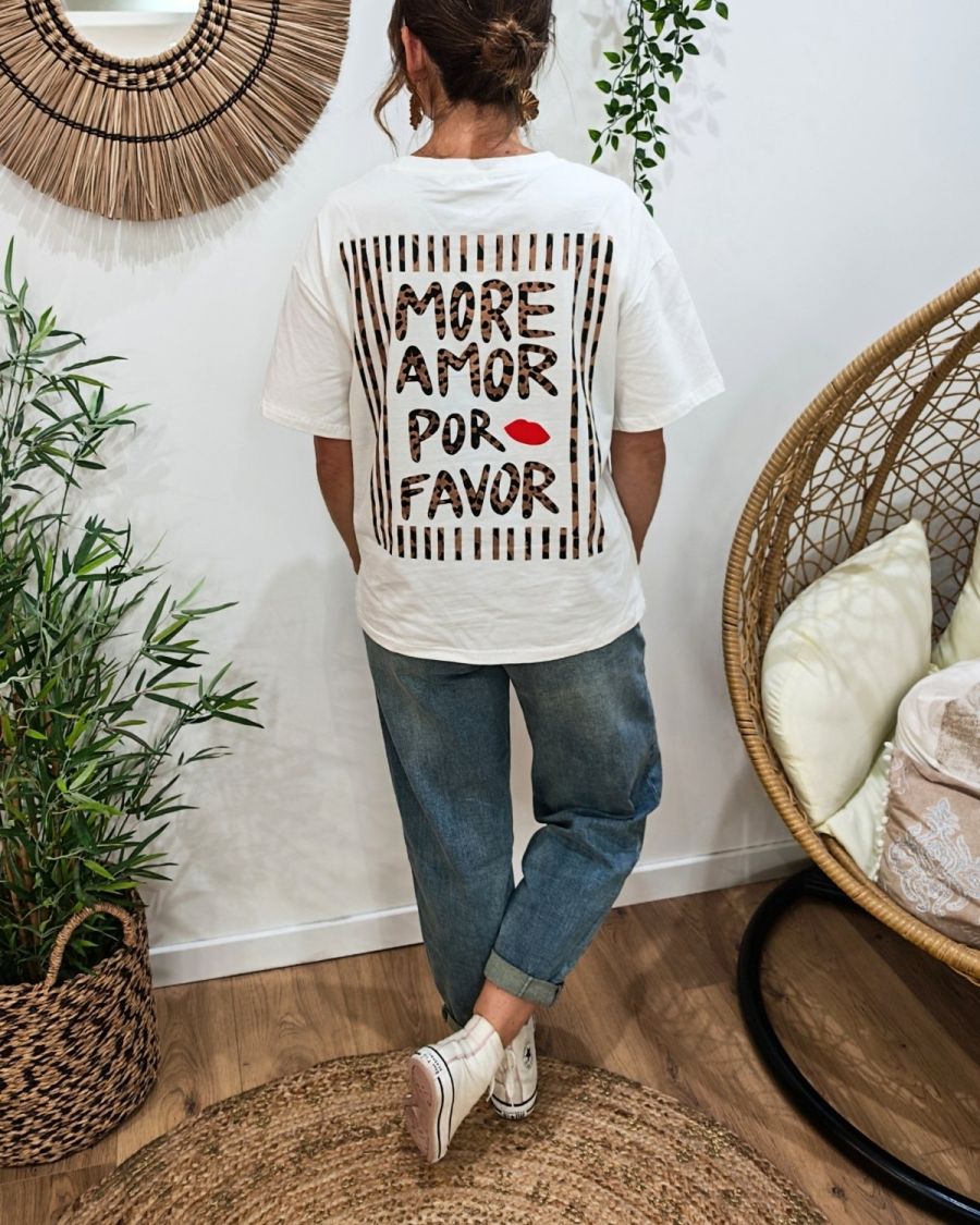T-shirt femme blanc léopard more amor por favor rayé