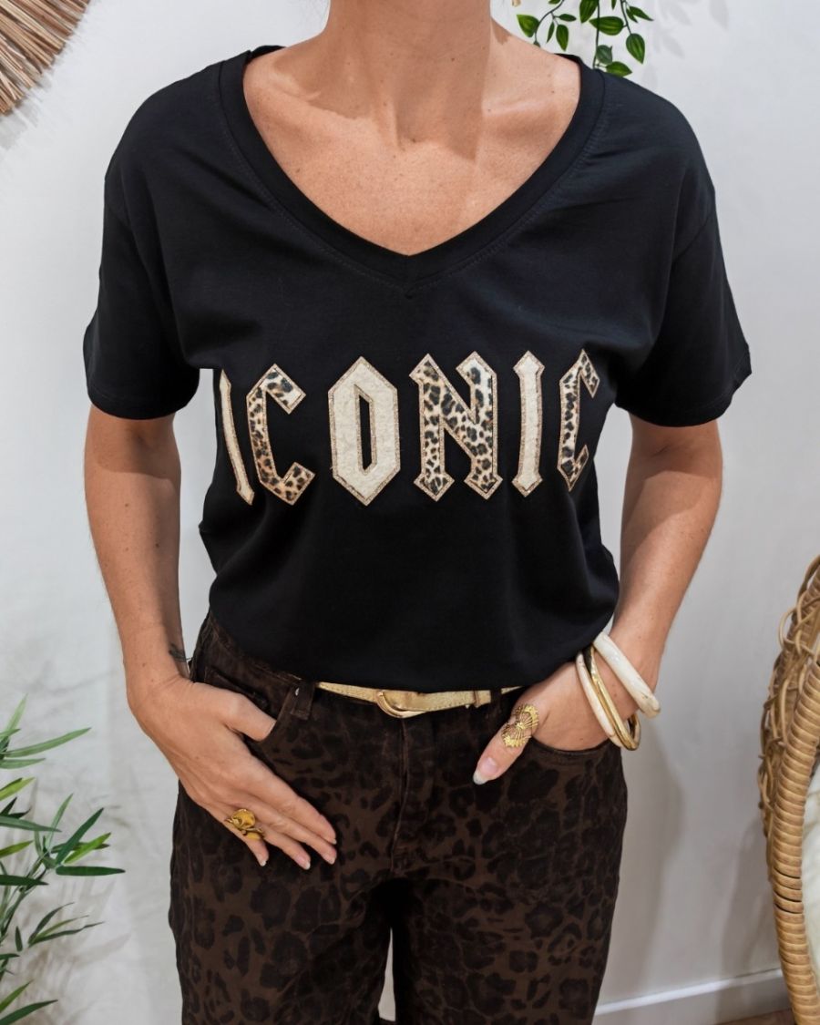 T-Shirt femme Iconic rock léopard paillettes dorées