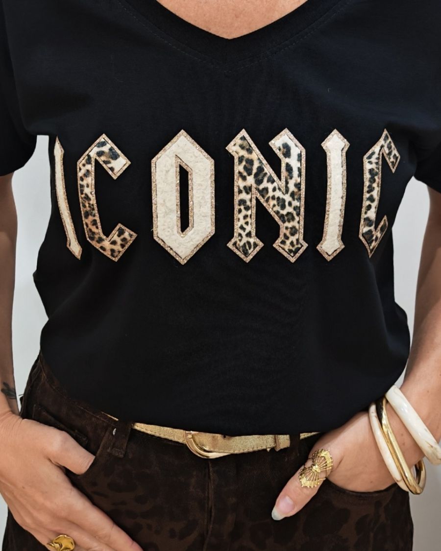 T-Shirt femme Iconic rock léopard paillettes dorées