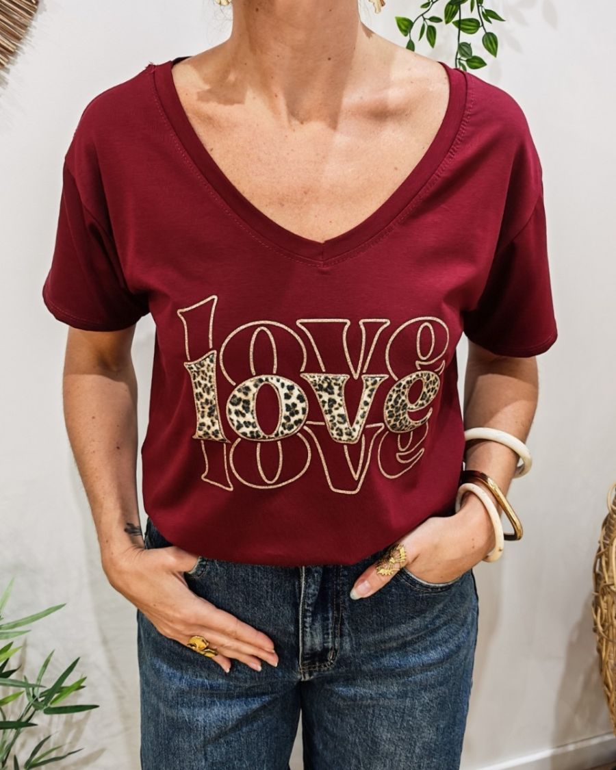 T-Shirt femme Love léopard et paillettes dorées
