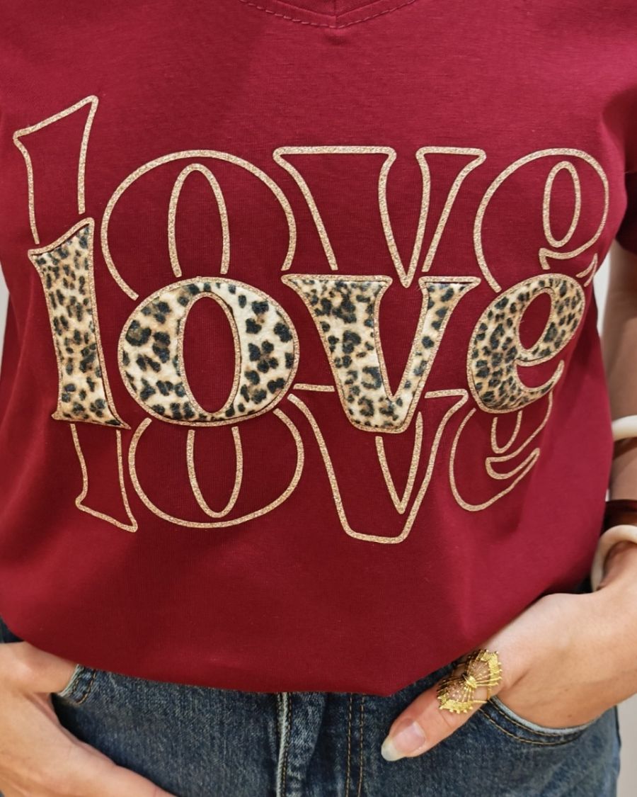 T-Shirt femme Love léopard et paillettes dorées