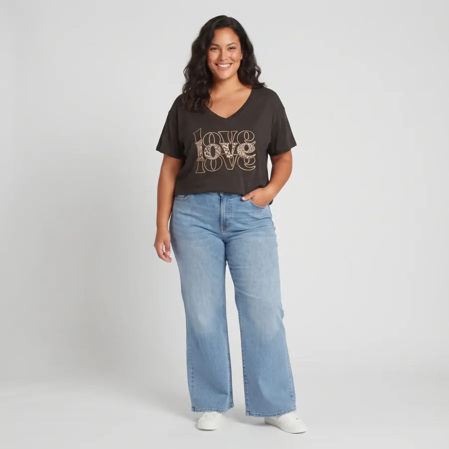 T-Shirt grande taille femme Love léopard et paillettes dorées