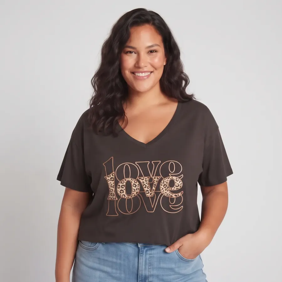 T-Shirt grande taille femme Love léopard et paillettes dorées