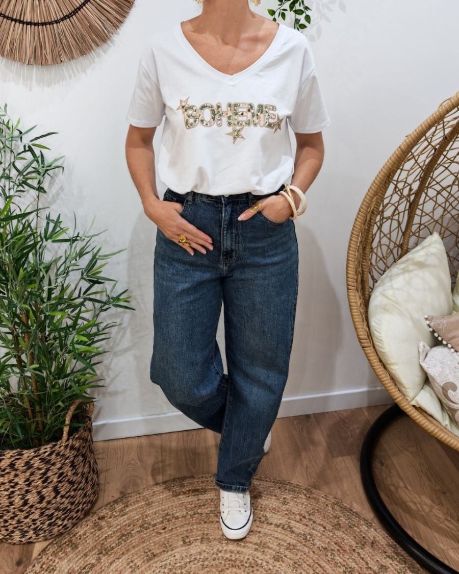 T-Shirt femme blanc Bohème fleuri et paillettes dorées